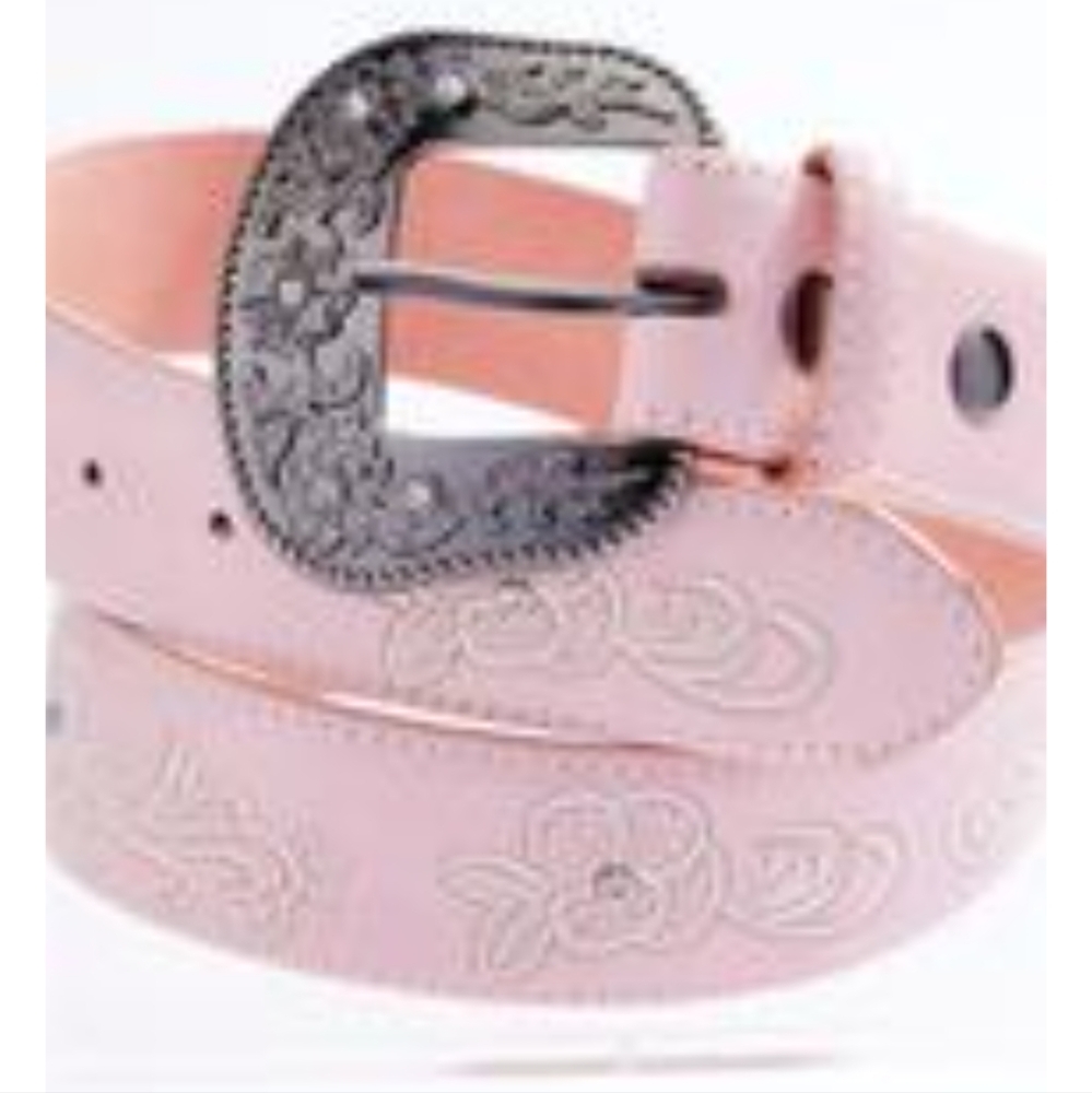 Pink Embroidered Floral Embossed Belt with Silver Buckle Plus 2X